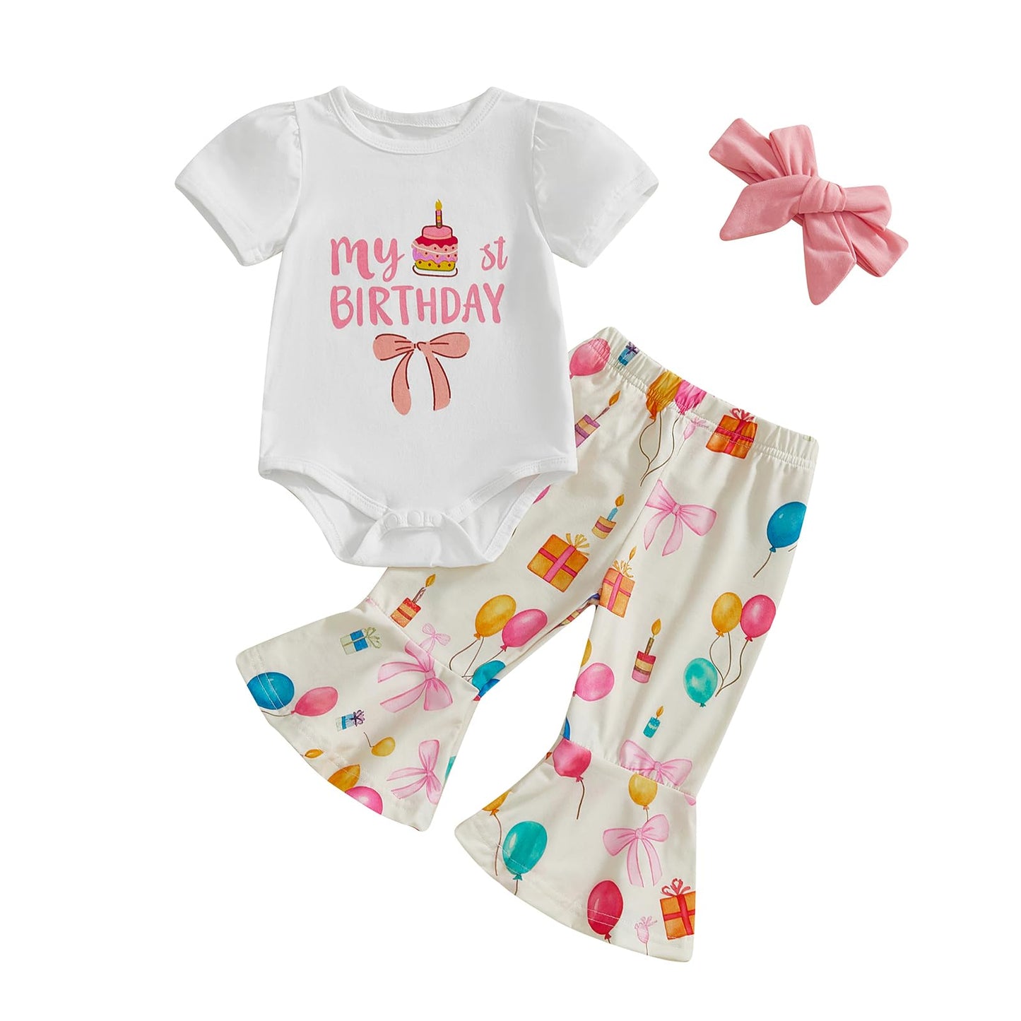 Lamuusaa Toddler Baby Girl Birthday Outfit One Romper Cake Bowknot Print Flared Pants Headband Cake Smash Outfit (Apricot, 12-18