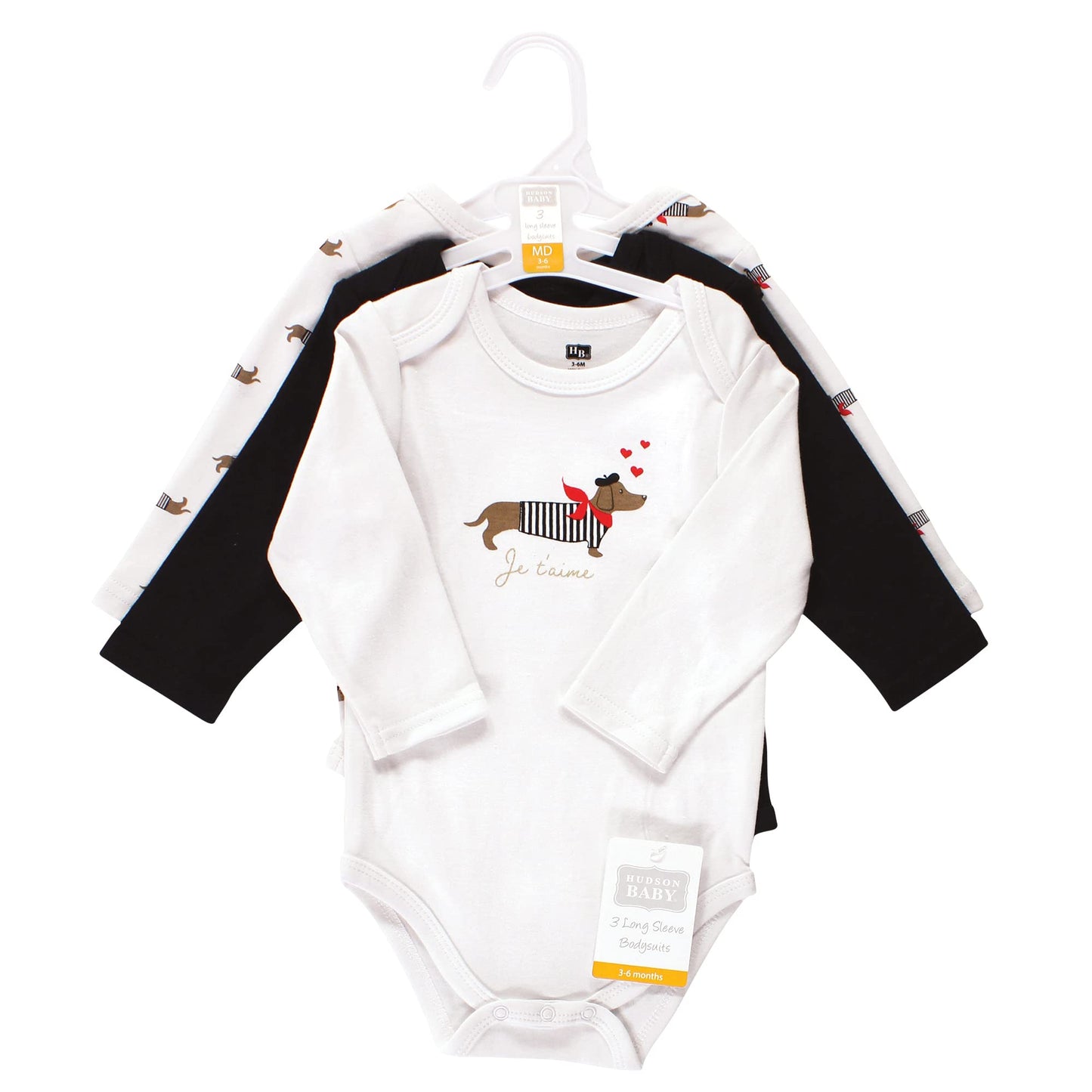 Hudson Baby Unisex Baby Cotton Long-Sleeve Bodysuits, Bonjour Dachshund, 0-3 Months
