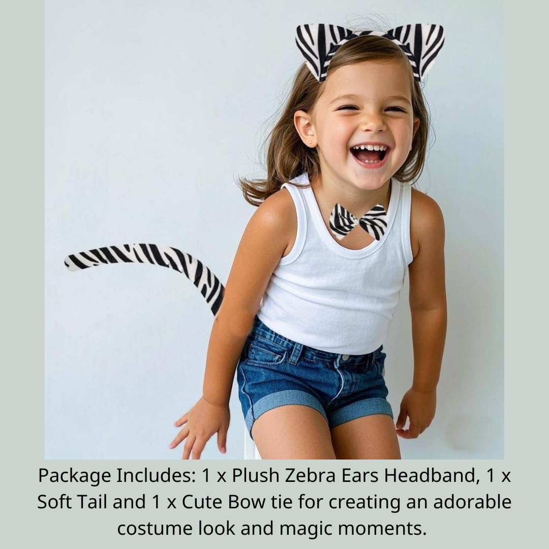 Kirei Sui 3-Piece Funny Zebra Costume Set With Ears Headband Bow Tie Tail Halloween Dress Up For Kids & Adults