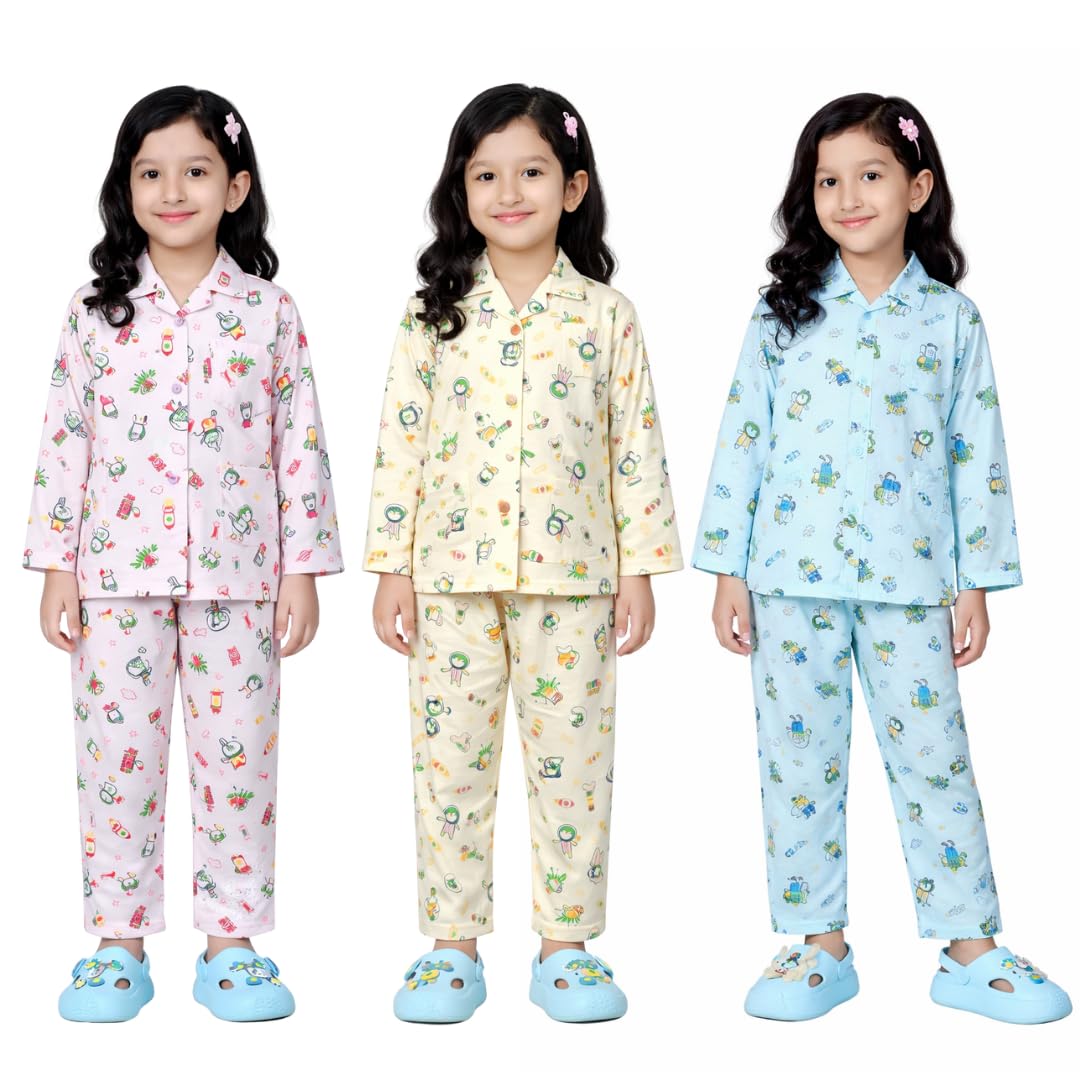BORNLOV Girls Cotton Printed Pajama Set, Pink, Yellow and Blue Long Sleeve Shirt and Pants, Pack of 3  (2 Years3 Years)