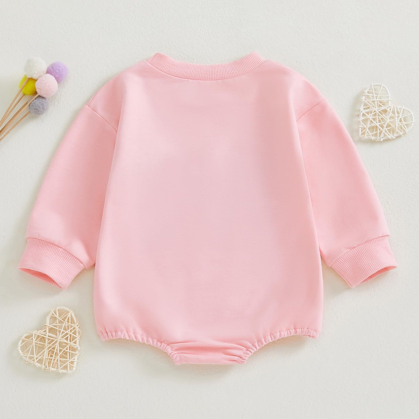 Kayotuas Baby Girl Valentines Outfit Pink Heart Embroidered Sweatshirt Romper Long Sleeve Bodysuit Jumpsuit Cute Fall Clothes (P