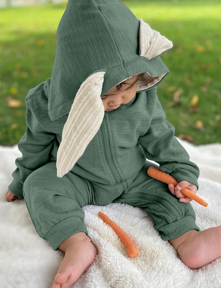 Agqt Baby Boys Bunny Costume 1St Easter Outfit Onesie Halloween Animal Clothes One Piece Romper Rabbit Ear Hoodie Dark Green Siz
