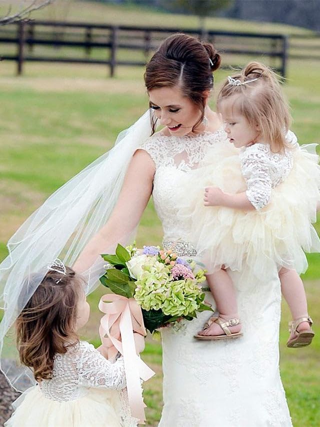 2Bunnies Girl Peony Lace Back A-Line Tiered Tutu Tulle Flower Girl Dress (Ivory 3/4 Sleeve Short, 9-10Yrs)