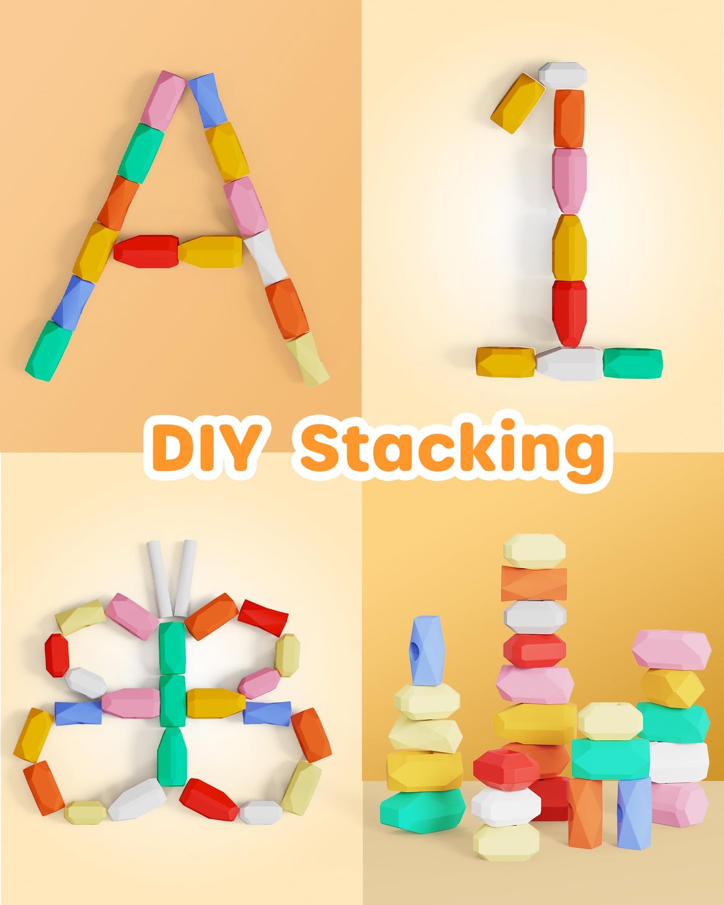 D-FantiX 39 PCS Silicone Sorting Stacking Rocks Stones, Sensory Learning Montessori Toys for 3 4 5 6 Year Old Kids, Educational
