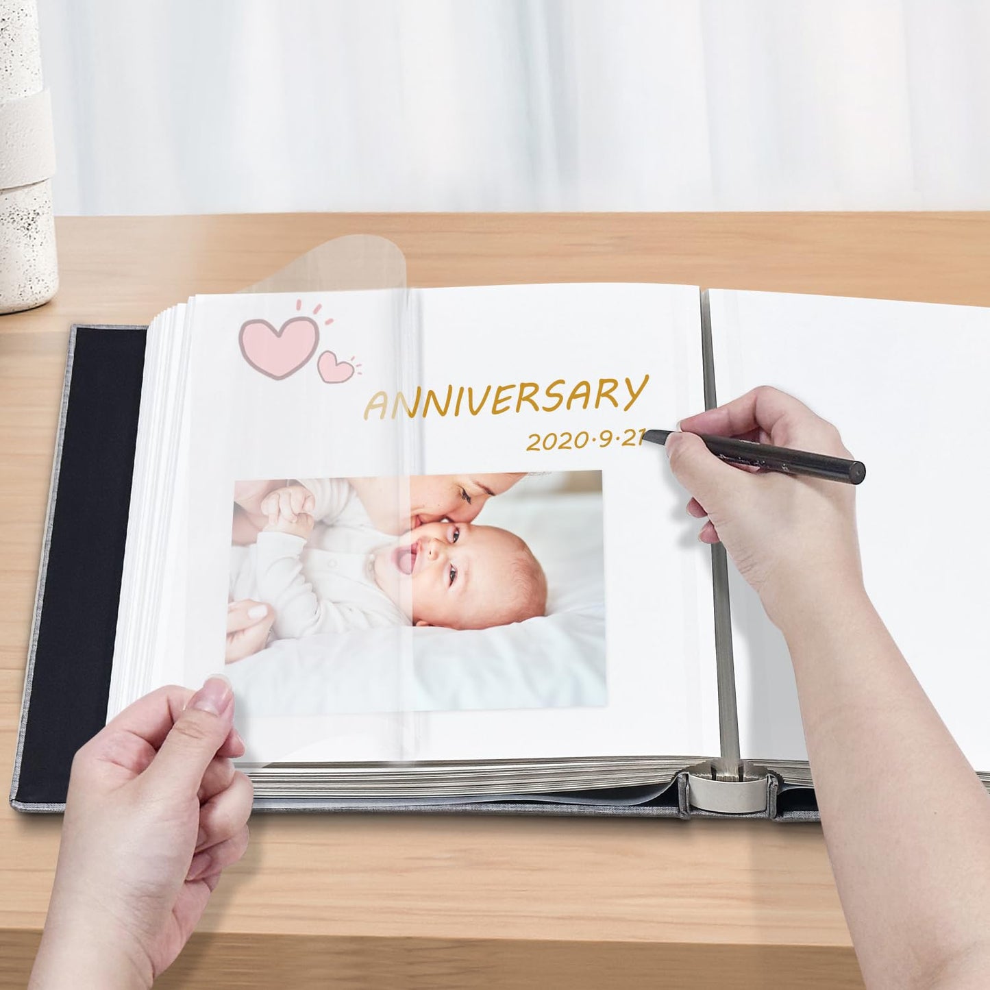Henpisen Baby Memory Book, Photo Album Self Adhesive With Picture Display Window,40 Pages Grey Linen Cover Scrapbook For Baby Bo
