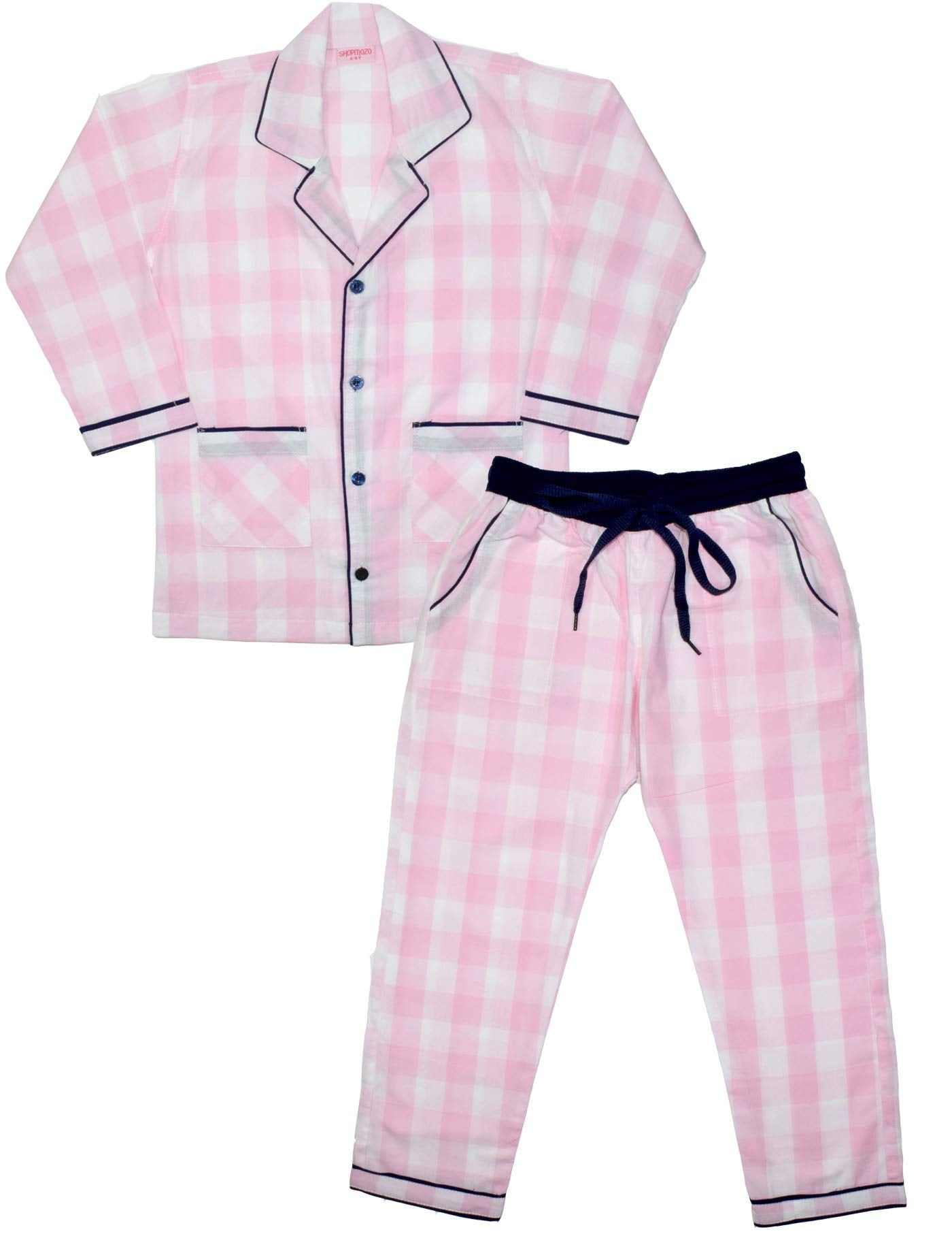SHOPmOZO Unisex Pure Cotton Checkered Night Suit for Boys and Girls Pyjama Top Combo Set (SM00300UNISEXSWPS Pink)