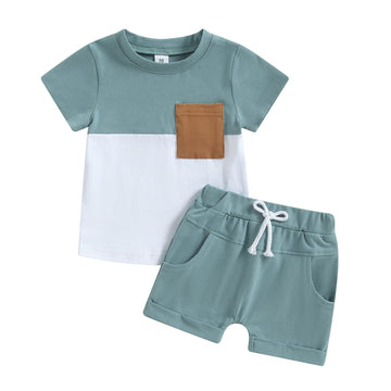 Yingisfitm Baby Boy Shorts Set Short Sleeve Tshirt Top Shorts Pants Cute Boy Summer Outfit Toddler Infant Clothes (Block Blue,0-