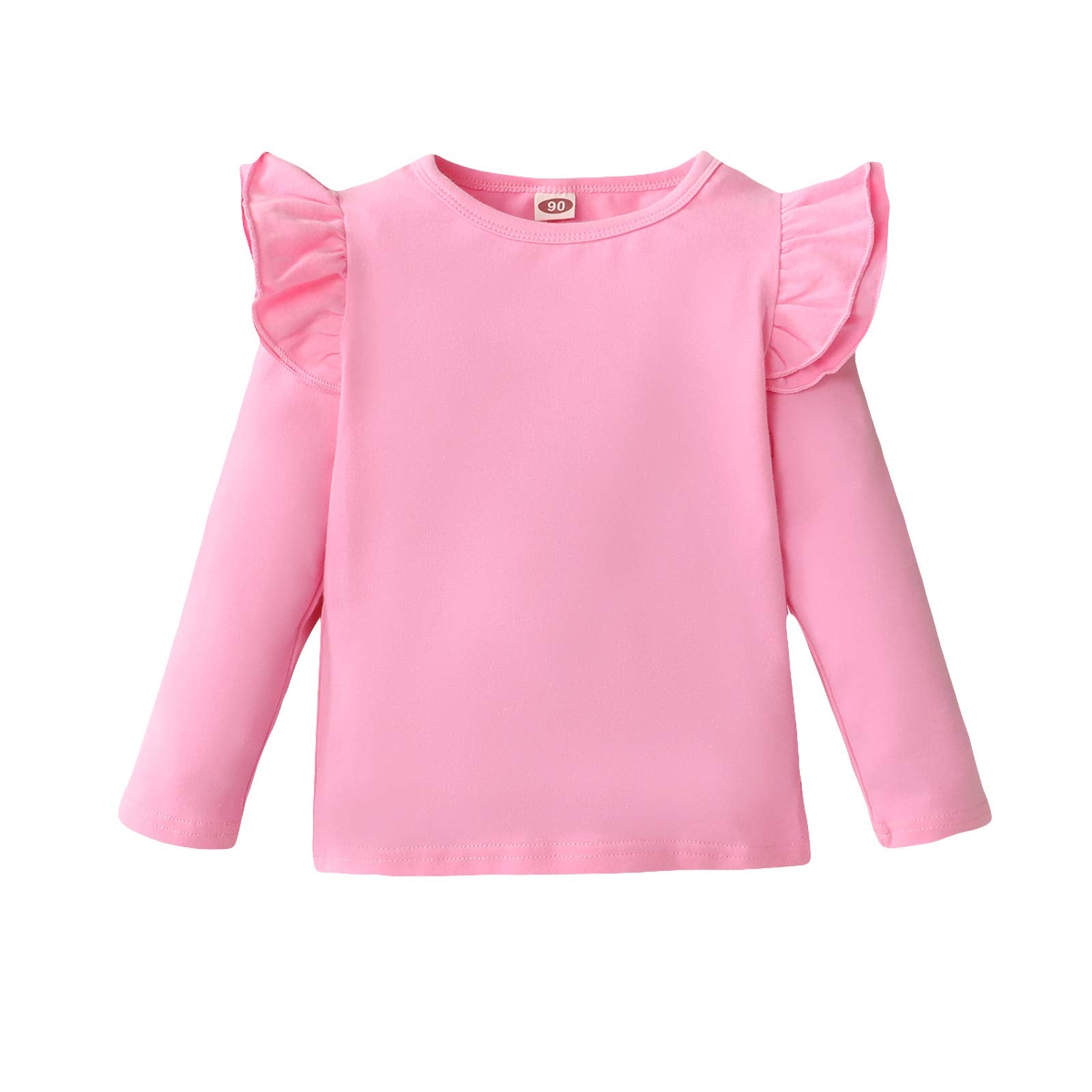 Lysmuch Toddler Baby Girls Long Sleeve Ruffle T Shirt Kids Casual Plain Solid Top Blouse T-Shirt Undershirt (Pink, 3-4T)