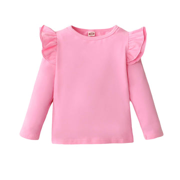 Lysmuch Toddler Baby Girls Long Sleeve Ruffle T Shirt Kids Casual Plain Solid Top Blouse T-Shirt Undershirt (Pink, 4-5T)