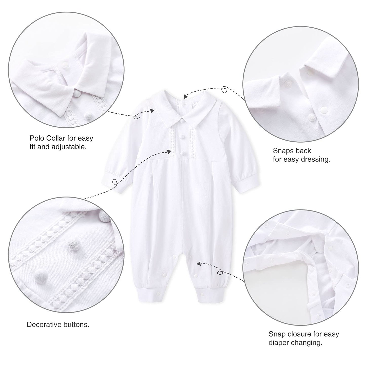 Pureborn Baby Boys Baptism Outfits Long Sleeve Jumpsuit With Bonnet 3 Pcs Spring Fall Cotton Christening Clothing White 0-3 Mont