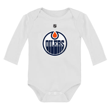 Outerstuff Nhl Newborn & Infants 0-24 Months Primary Logo Long Sleeve Bodysuit Creeper Romper (Edmonton Oilers - White, 3/6 Mont