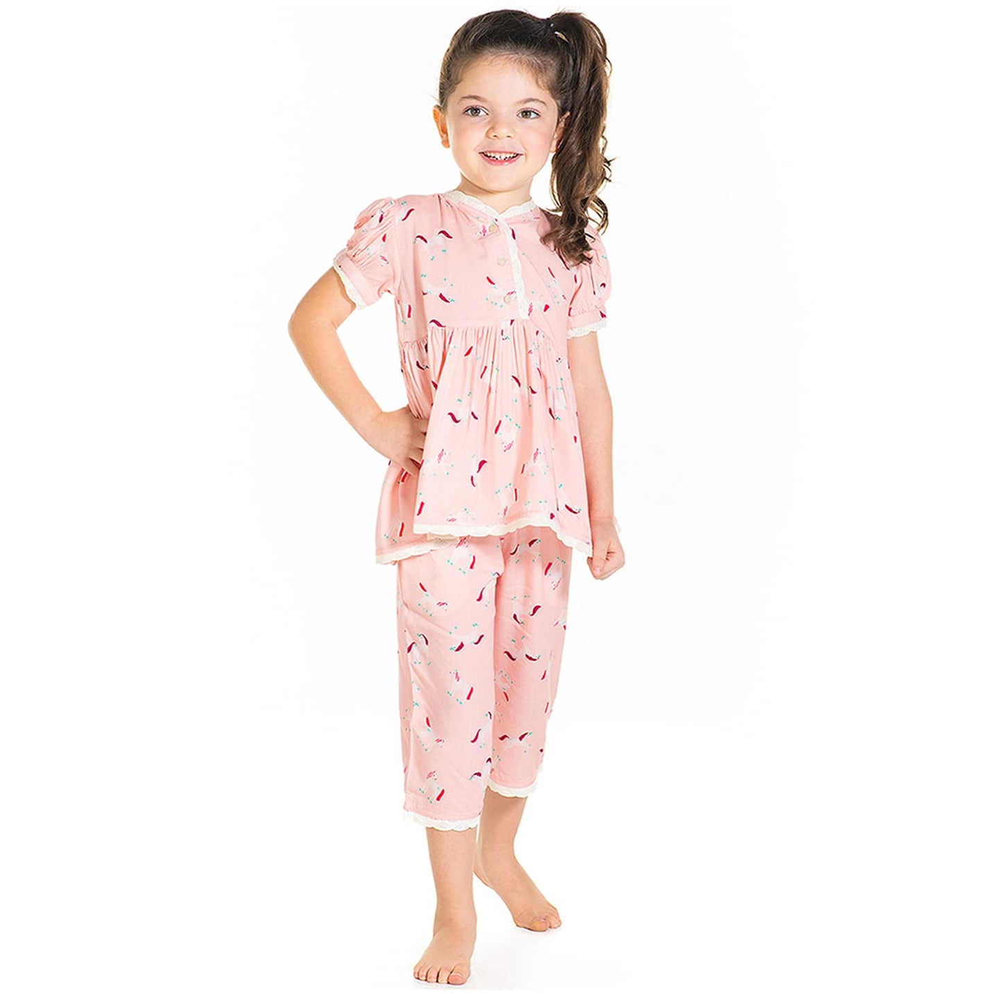 Cherry Crumble Peach Printed 100% Cotton Cap Sleeves V Neck Night Wear Regular Fit Lace Summer Nightsuit for Girls