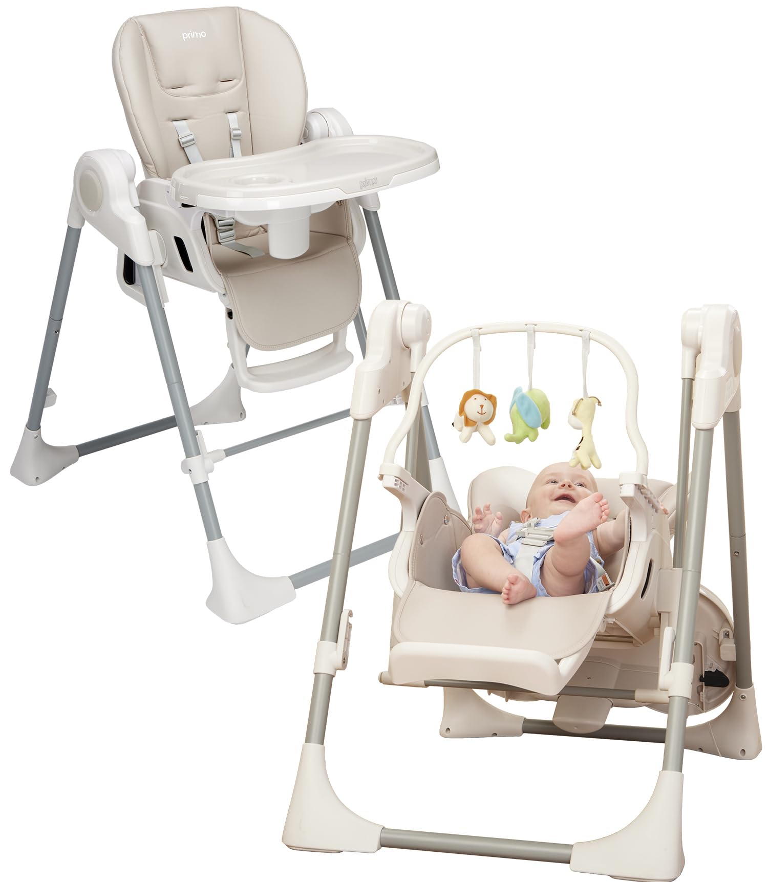 PrimoBaby SnuggleBug 2-in-1 Infant Swing & High Chair, Adjustable Seat Recline, Height, & Feeding Tray, App Control, Music & Nat