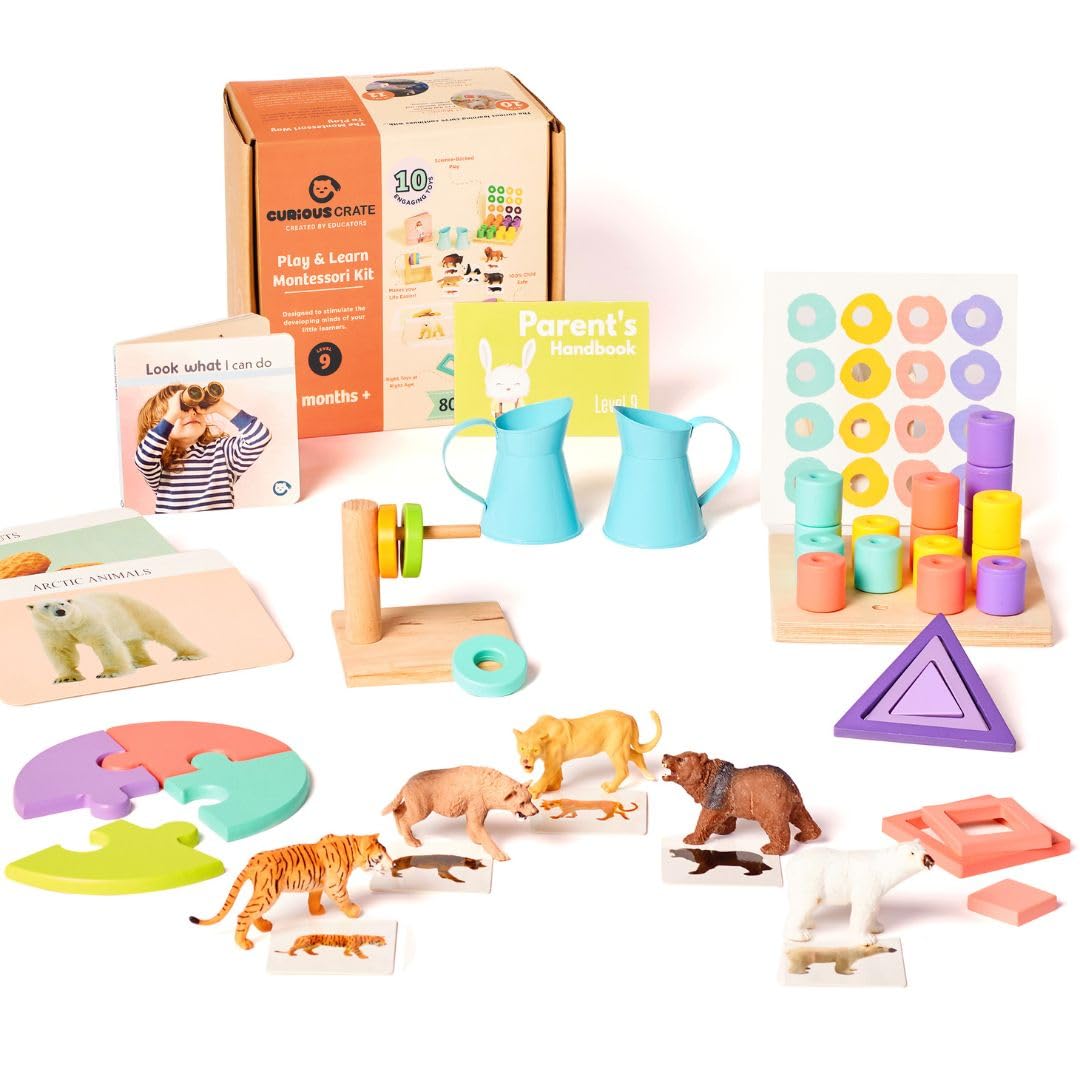Curious Crate Wooden Montessori Toys Box for Toddlers | 9 in 1 Learning Educational Toys - Stacking Peg Board, Horizontal Dowel,