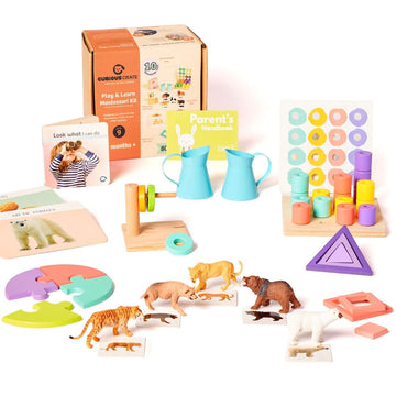 Curious Crate Wooden Montessori Toys Box for Toddlers | 9 in 1 Learning Educational Toys - Stacking Peg Board, Horizontal Dowel,