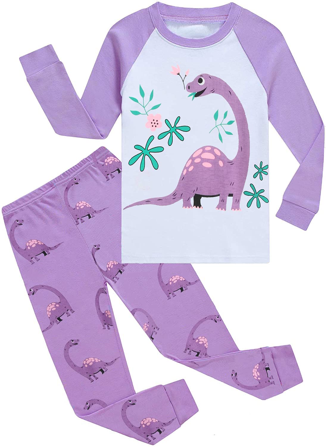 Little Hand Kids & Toddler Girls Dinosaur Pajamas 2 Piece Pjs Set 100% Cotton Long Sleeve Purple Sleepwear 4T