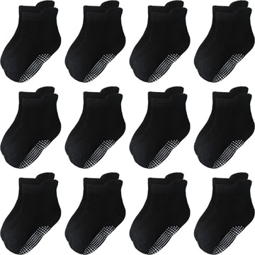 Aroveea Non Slip Grip Ankle Baby Socks 5-7 Years Old Black For Toddler Boys And Girls Kids Socks 12 Pack, Cute Cotton Baby Socks