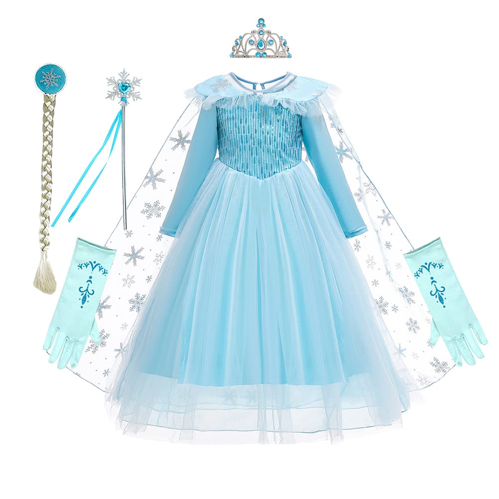 Rexreii Girls Frozen Elsa Princess Dress Long Sleeves Halloween Costume Christmas Birthday Evening Party Ball Gown W/Accessories