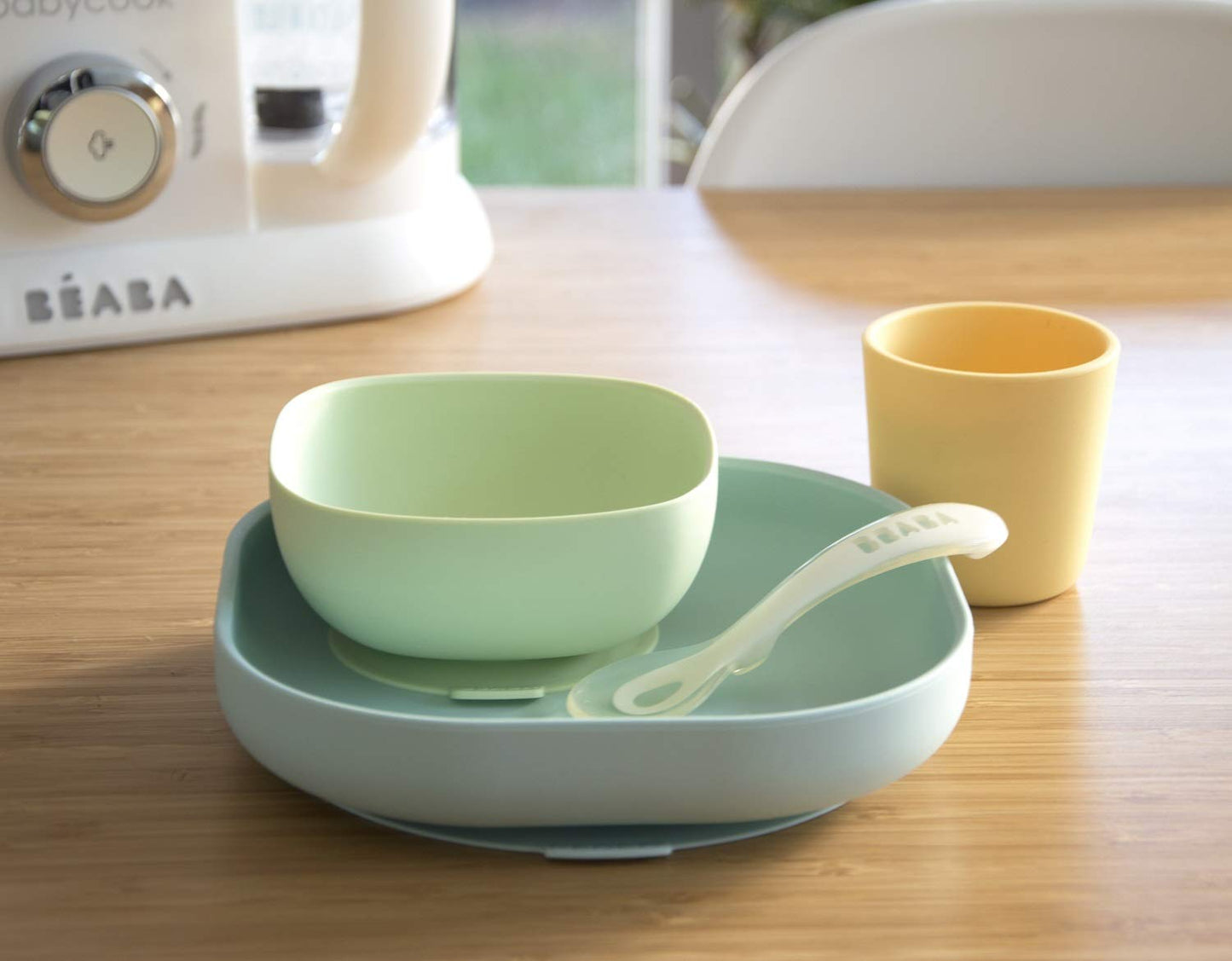 Beaba Silicone 4 Piece Baby Feeding Set, Suction Plates For Baby, Includes Plate, Bowl, Cup, 2Nd Stage Silicone Spoon, High Grad