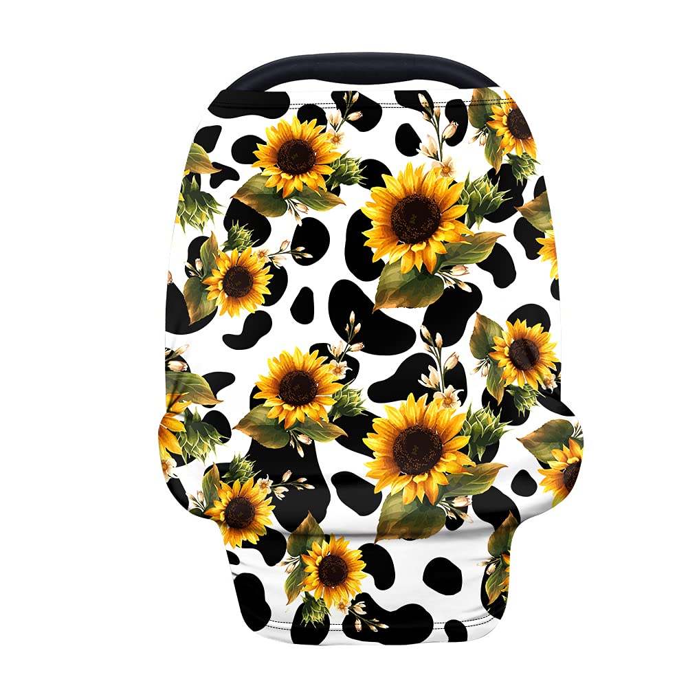 Ledback Novelty Cow Sunflower Print Stretchy Car Seat Cover For Babies,Nursing Cover Breastfeeding Cover,Soft Breathable Baby Ca