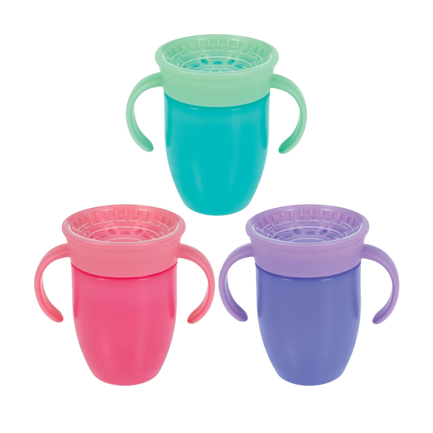 Nuby Wonder Cup With 360 Smart Edge Silicone Rim - (3-Pack) 7 Oz - Aqua/Purple/Pink