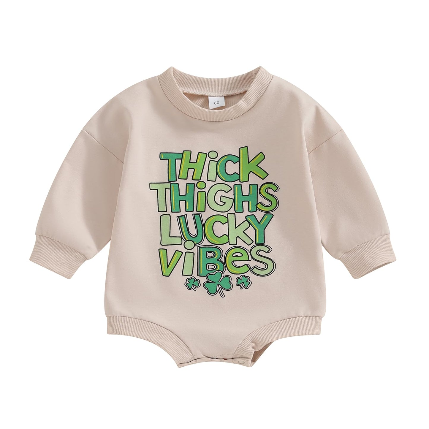 Newborn Baby Boy Girl St.Patrick'S Day Outfit Thick Thighs Lucky Vibes Print Bubble Sleeve Romper Oversized Sweatshirt (Beige, 6