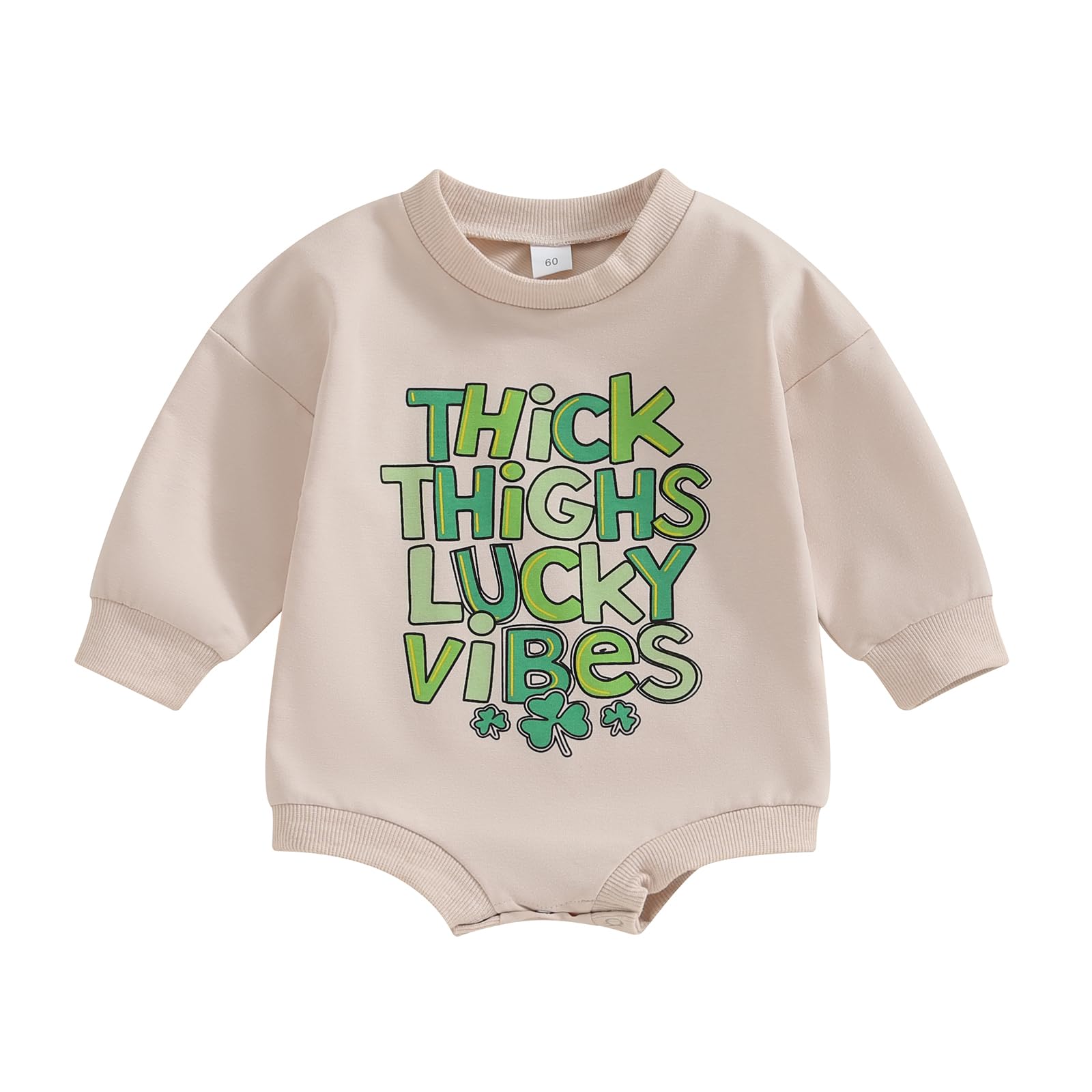 Newborn Baby Boy Girl St.Patrick'S Day Outfit Thick Thighs Lucky Vibes Print Bubble Sleeve Romper Oversized Sweatshirt (Beige, 6