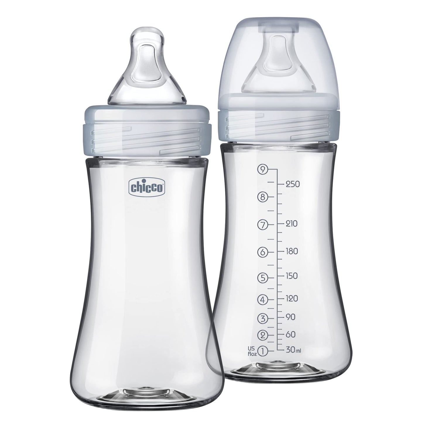 Chicco Duo 9Oz. Hybrid Baby Bottle With Invinci-Glass Inside/Plastic Outside With Slow Flow Anti-Colic Nipple - Clear/Grey, Coun