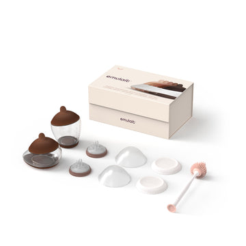 Emulait Baby Bottle Starter Kit Includes 2 Bottles 2 Nipples 2 Caps 2 Lids 2 Responsive Flow Valves, Cleaning Brush - Deep - Sha