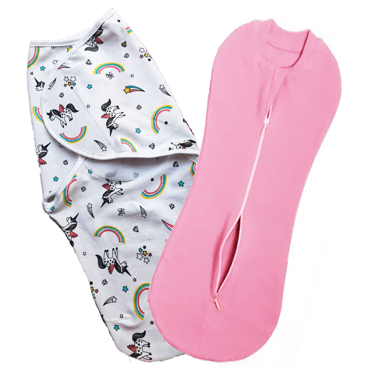MammaChamp Strap Closer Adjustable Swaddle/Wrapper and Zip Sleeping Sack Bag Wrap for Newborn Baby 04 Months Rainbow Swaddle+Pi