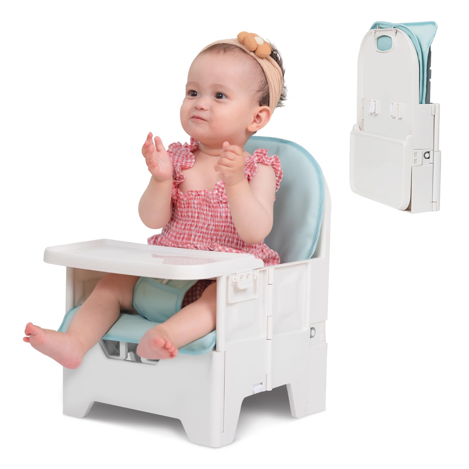 BABELIO Travel Booster Seat for Upright Posture, Compact Folding Floor Seat with PU Waterproof Cushion, Great for Baby, Dining T