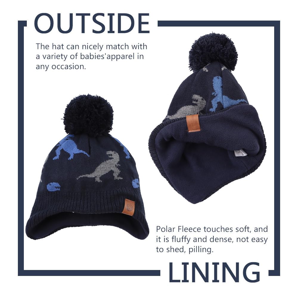Jangannsa Knitted Baby Hat Winter Warm Boys Girls Beanie Fleece Lining Toddler Kids Hat With Pompom (Dinosaur Navy Hat, L)