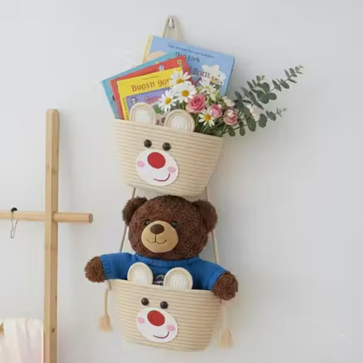 Mridvya Cute Bear Face Cotton Rope Hanging Storage Baskets | Set of 2 | Kids Room Organiser | (Cream)