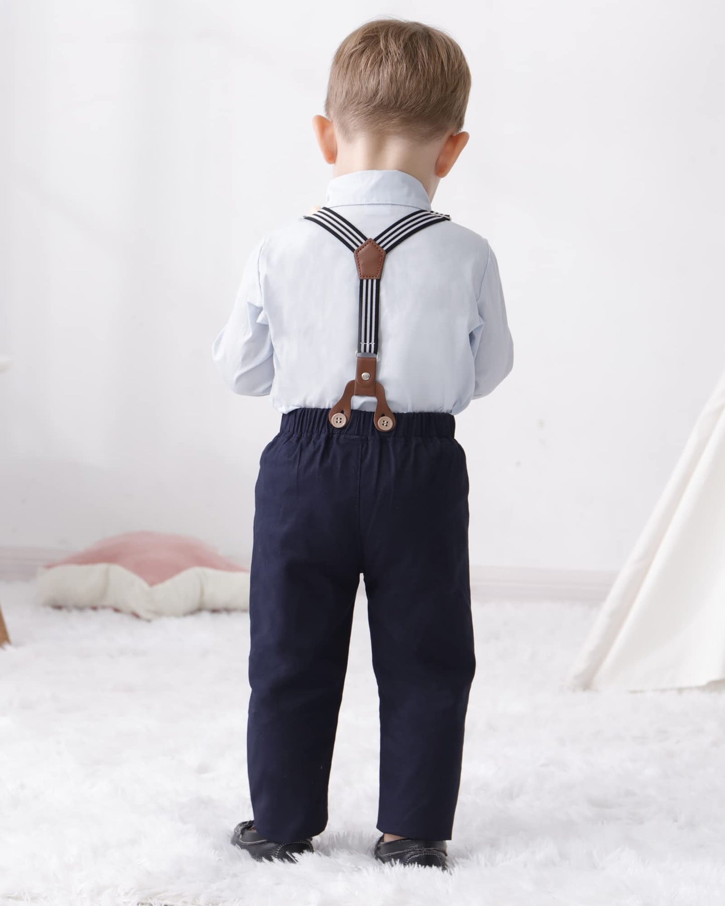 Disaur Boys Church Outfit Blue Dark Blue Long Sleeve Dress Shirt Bow Tie Suspender Pants Toddler Formal Outfit Boy 2T 3T 2-3T