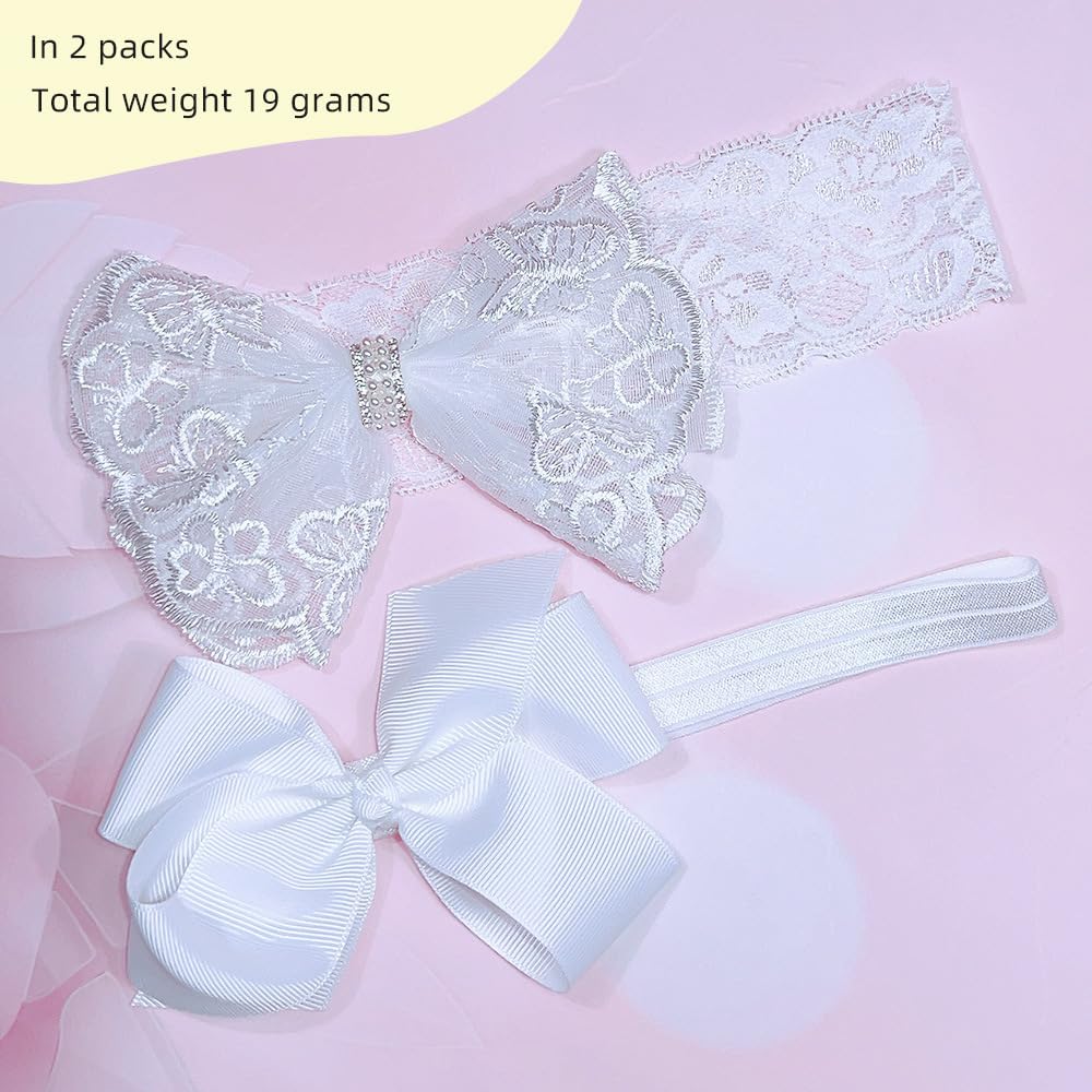 Nishine 2 Pack Baptism White Newborn Bowknot Headbands Baby Christening Hair Bows Headwrap Toddler Hairband (Bowknot -2 Pack)