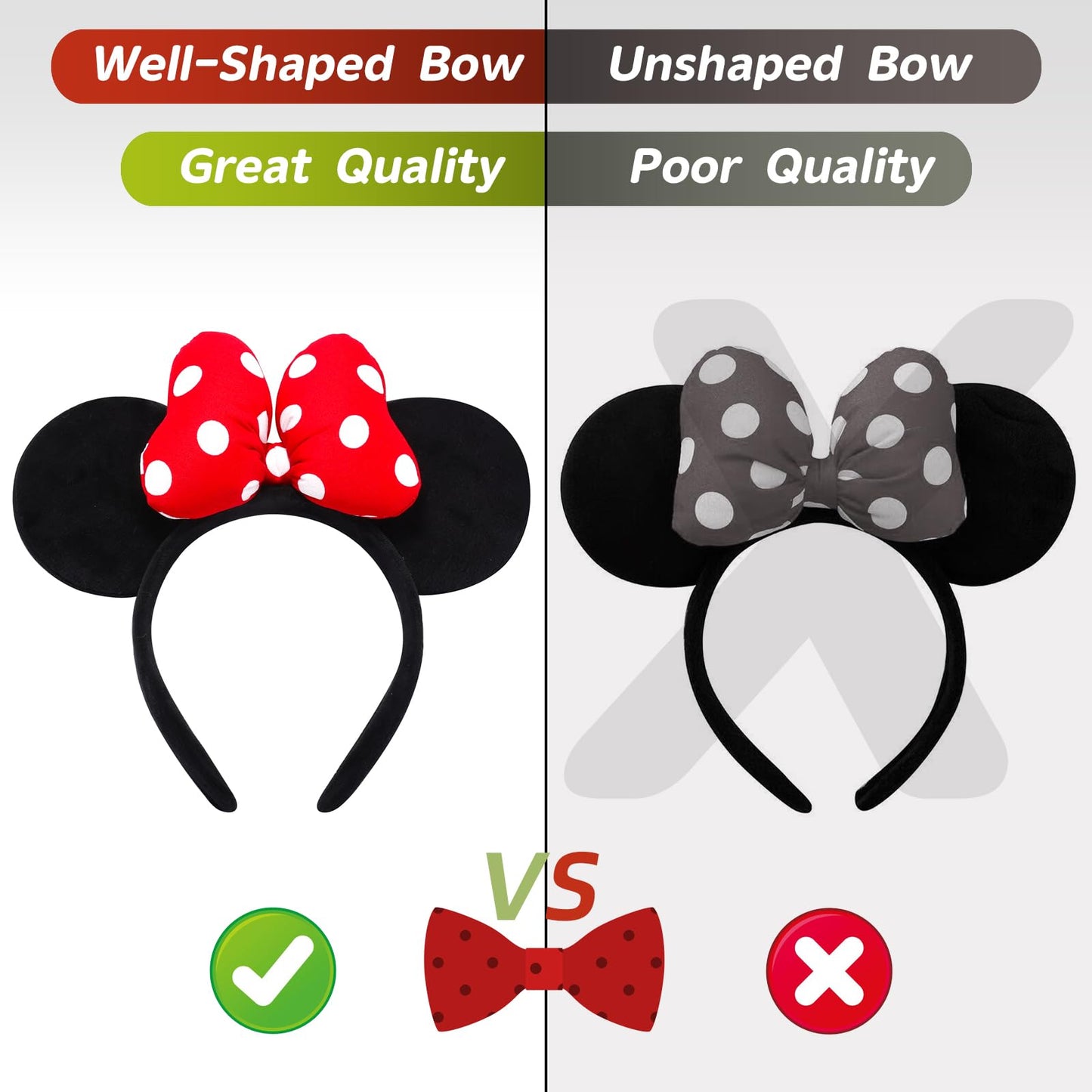 Odocare Handmade Mouse Ears Headband For Women And Girls, 3D Polka Dot Bow Minnie Ears Costume Accessories(Red-White Dots)