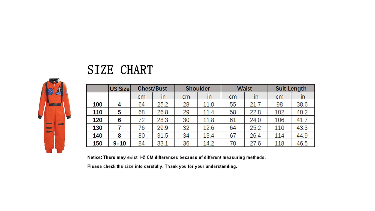 Relibeauty Boys Girls Kids Children Astronaut Role Play Costume, Orange, 7/130