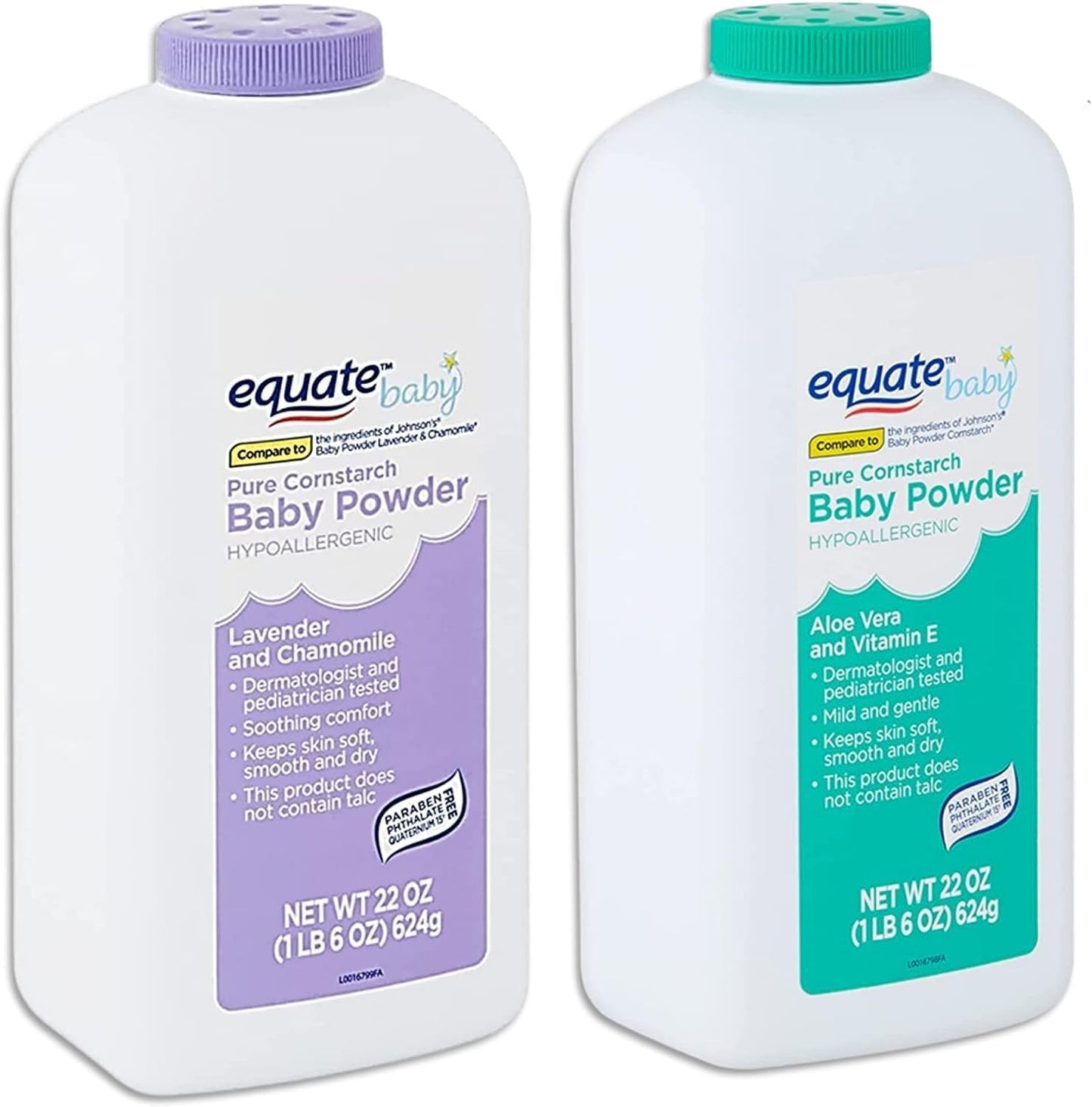 Equate Pure Cornstarch Baby Powder Bundle-Includes 1 Pack 22 Oz Equate Lavender Chamomile, 1 Pack 22 Oz Equate Aloe Vera Vitamin