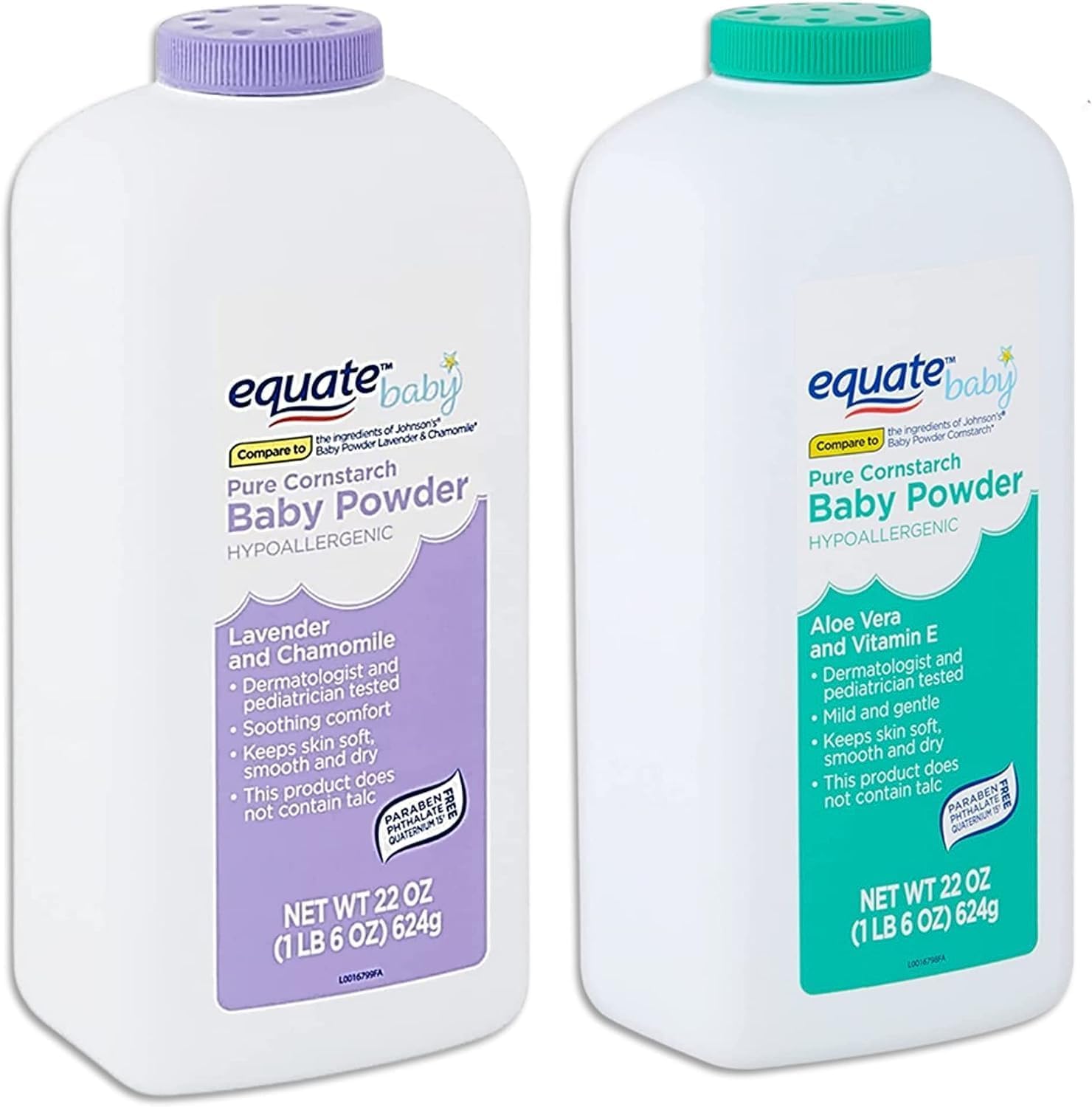 Equate Pure Cornstarch Baby Powder Bundle-Includes 1 Pack 22 Oz Equate Lavender Chamomile, 1 Pack 22 Oz Equate Aloe Vera Vitamin