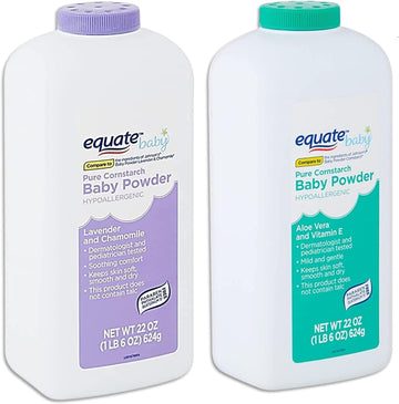 Equate Pure Cornstarch Baby Powder Bundle-Includes 1 Pack 22 Oz Equate Lavender Chamomile, 1 Pack 22 Oz Equate Aloe Vera Vitamin