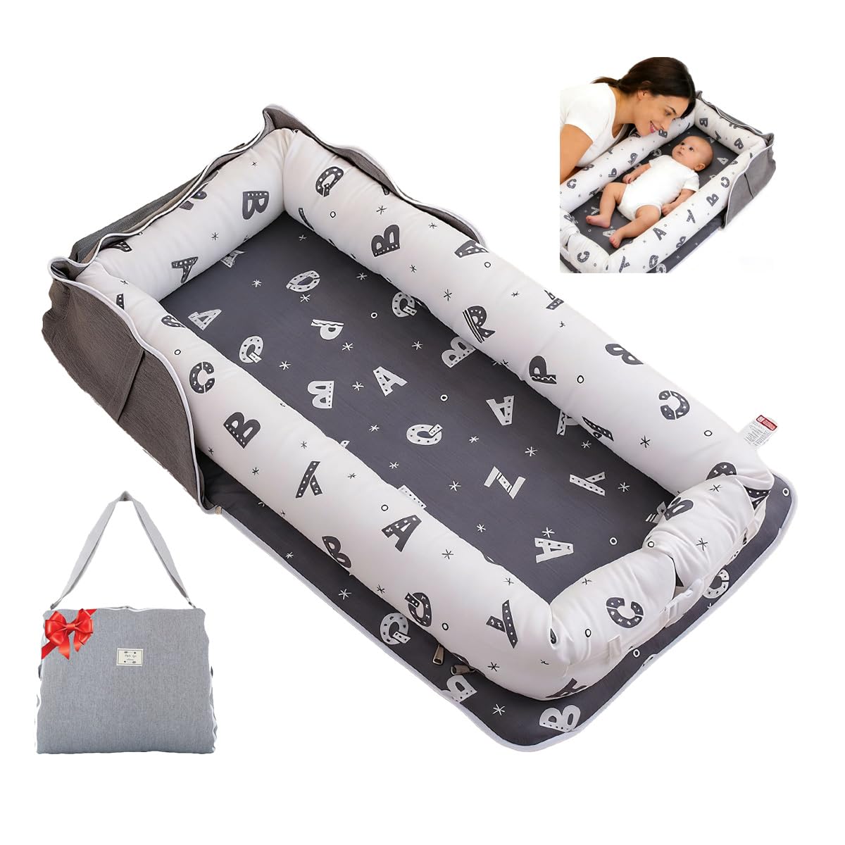 Loevin Baby Lounger for Newborn Portable Bag,Baby Nest Play Gym mat with Strap,Newborn Lounger Adjustable Size & Inner Zipper Le