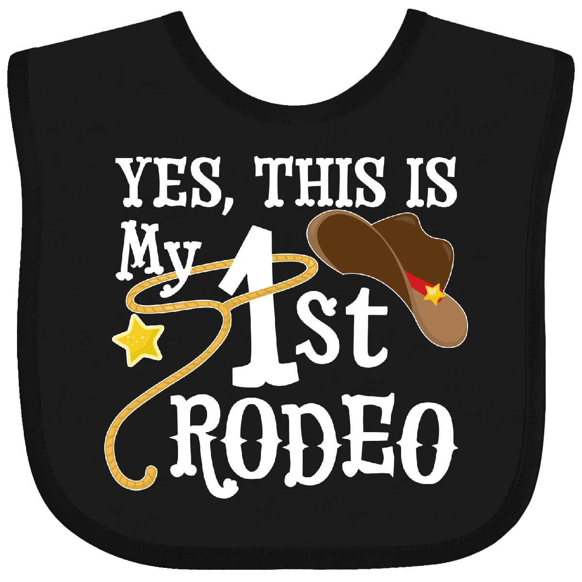 Inktastic Yes, This Is My 1St Rodeo- Cowboy Hat With Red Band, Lasso Baby Bib Black 35612