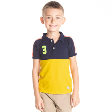 Cherry Crumble Mustard Navy Color Blocked Cotton Blend Half Sleeves Polo Neck Casual Wear Regular Fit Summer Tshirt For Boys