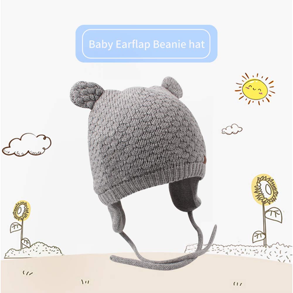 Bavst Baby Beanie Hat For Winter With Earfalp Cute Bear Kids Toddler Girls Boys Warm Knit Cap 0-2Years(Grey, L)