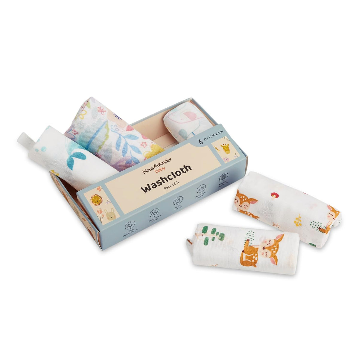 haus & kinder Baby Muslin Wash Cloths  Pack of 5 | Tropical Twist Collection  30x30cm, Multicolor, Soft & Absorbent Muslin Cot