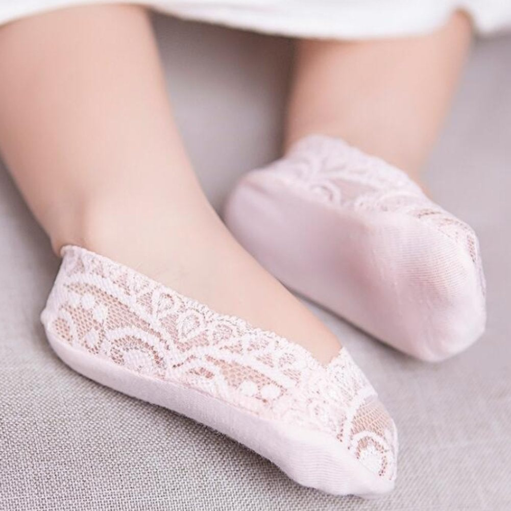 Zulaniu 5Pack Little Girl Kids No Show Low Cut Lace Flats Non Skid Boat Liner Invisible Socks (S(3-5T))