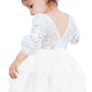 2Bunnies Girl Peony Lace Back A-Line Tiered Tutu Tulle Flower Girl Dress (White Bell Sleeve, 2T)