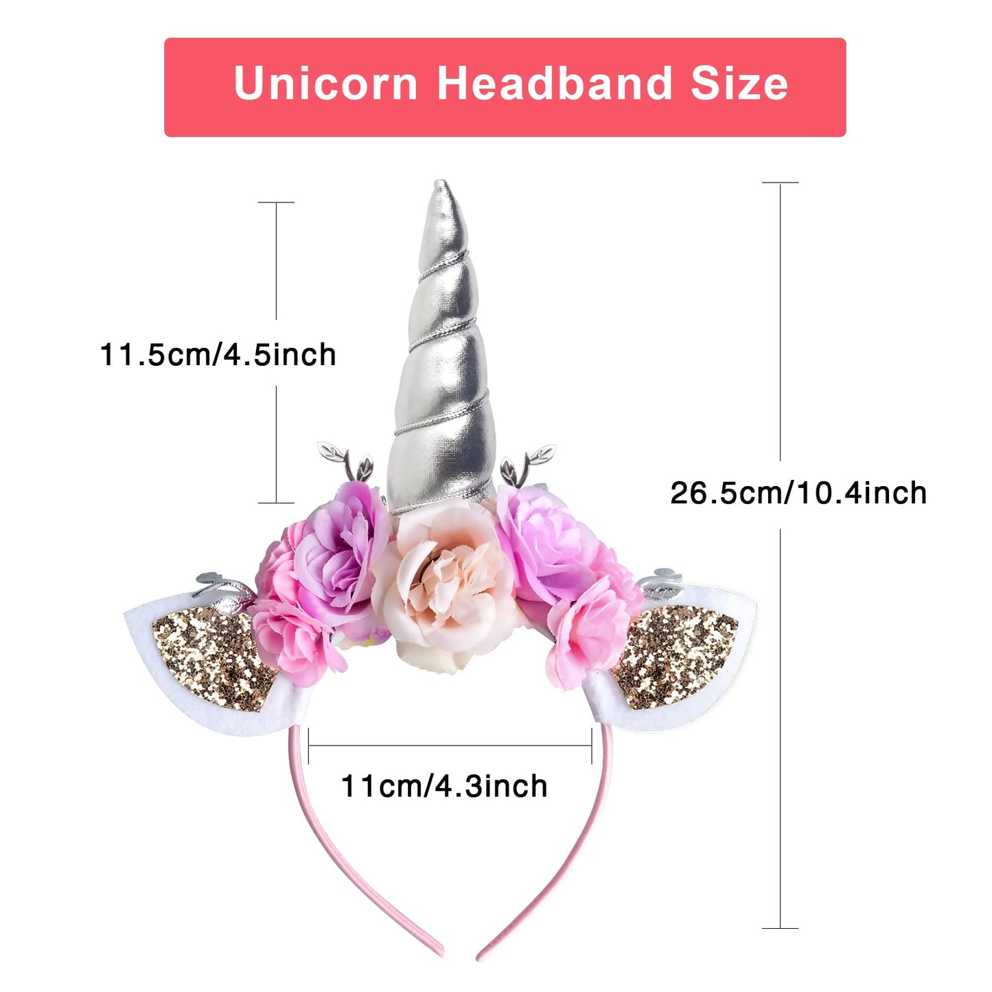 Ahier Unicorn Headband, Silver Glitter Horn Headband Cat Ear Head Bands Flowers Headwear Accessory For Unicorn Party Supplies