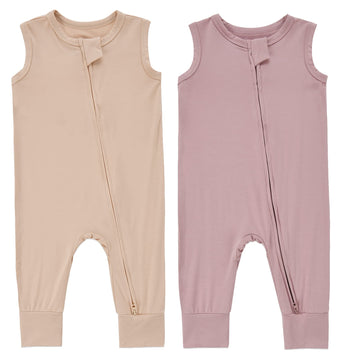 Baby Sleeveless Romper Zipper Toddler Summer Jumpsuit Rayon Outfits Infant Footless Pajamas(Ivory & Purplepink, 6-12M)