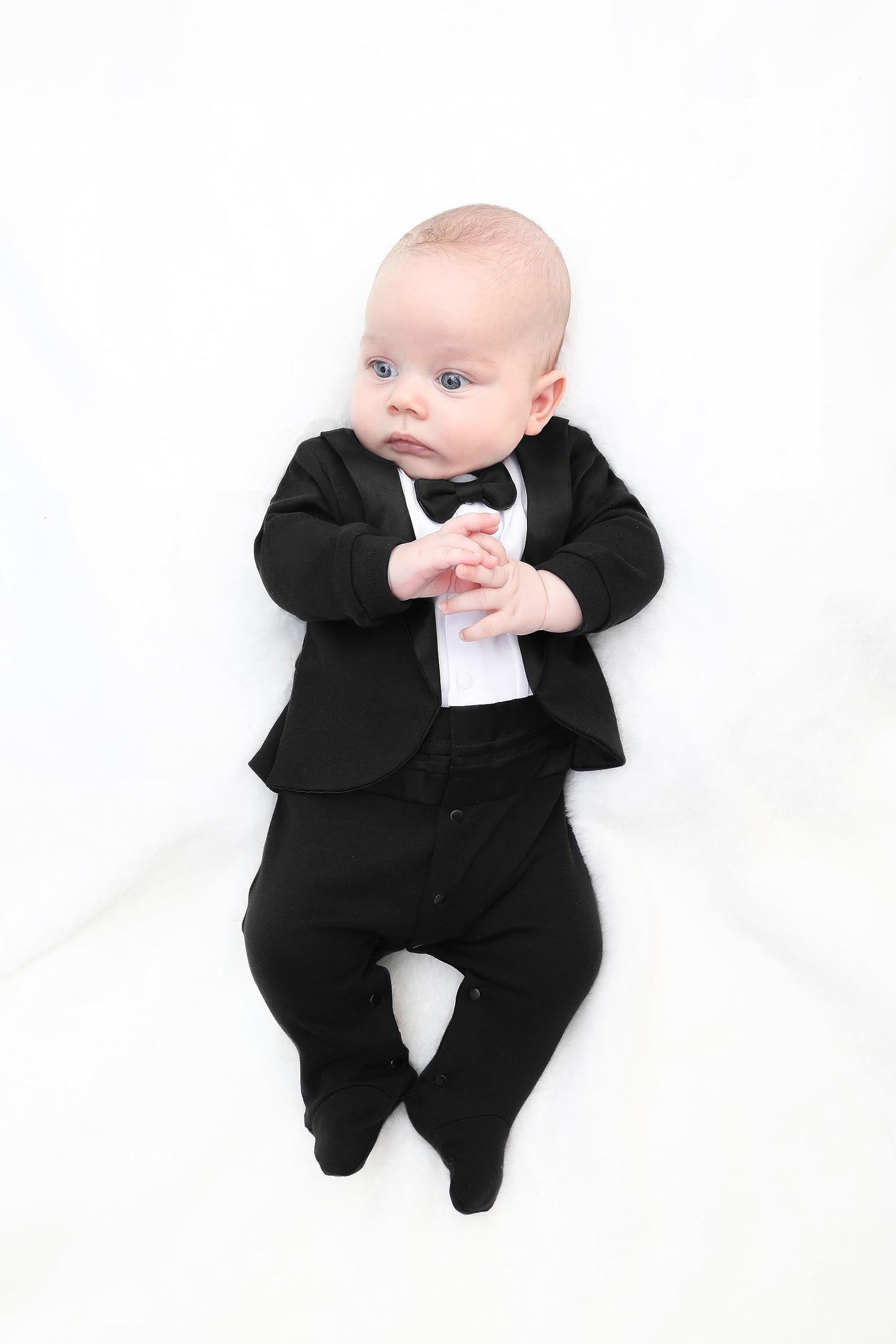 Lilax Baby Boy Gentleman Tuxedo Footie Christmas Holiday Outfit With Bow Tie (3 Months, Black)